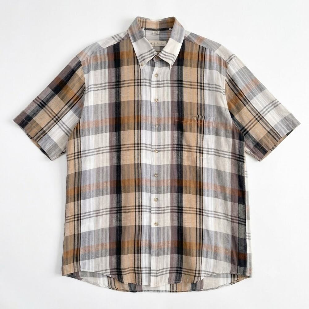 Haupt Germany Linen Blend Lawn Shirt Gray Brown Plaid Short Sleeve Mens Large